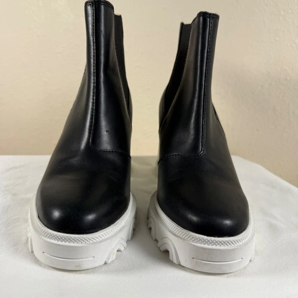 Sorel Brex Boot Chelsea Black Leather White Platform Block Heel Pull On Sea Salt